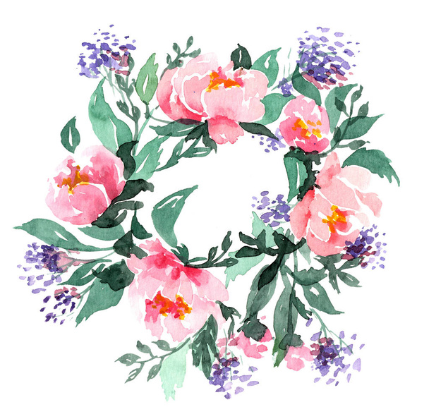 Watercolor bouquet.Illustration. Circular wreath of pink peonies and purple flowers. - Foto, afbeelding