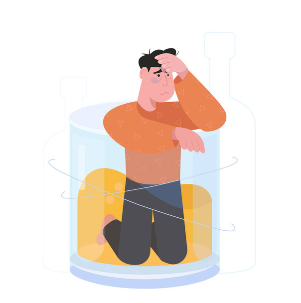 Sad alcoholic man character stands in a glass of whiskey. Concept of alcohol addicted, problem dependence bad habit. Vector illustration in flat style - Vector, Image