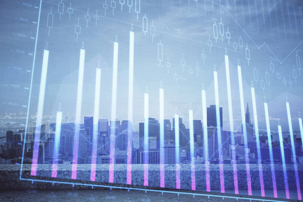 Forex graph on city view with skyscrapers background multi exposure. Financial analysis concept. - Photo, Image