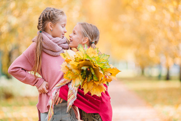 Little adorable girls outdoors at warm sunny autumn day - Photo, Image