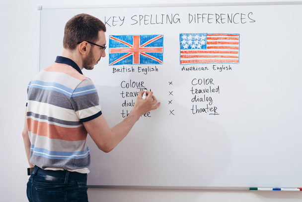 Tutor writing grammar on whiteboard. English language school. - Photo, Image