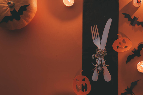 Halloween photo backgrounds with pumpkin, knife, fork, bat - Photo, Image