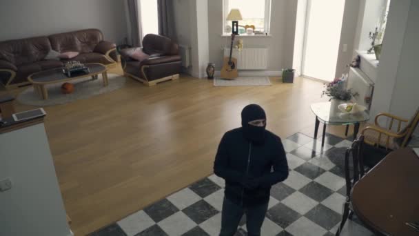 The thief in black clothes and balaclava walking in the large living room. Caucasian man raising hands noticing security camera. Concept of crime, criminal, offense against the law. Top view - Filmagem, Vídeo