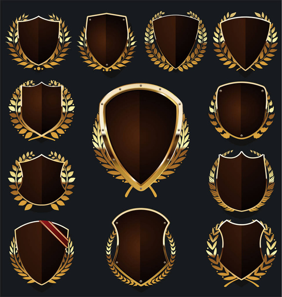Gold and brown shield and laurel wreath collection - Wektor, obraz