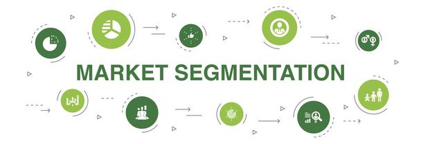 Marktsegmentierung Infografik 10 Schritte Kreis-Design. Demographie, Segment, Benchmarking, Altersgruppen-Symbole - Vektor, Bild