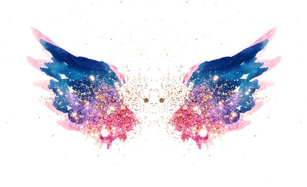Glitter and glittering stars on abstract pink and blue watercolor wings in vintage nostalgic colors. - Photo, Image