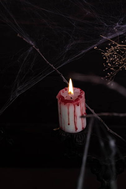 Antique candelabra with melting candle and spider web on black background - Foto, Imagen