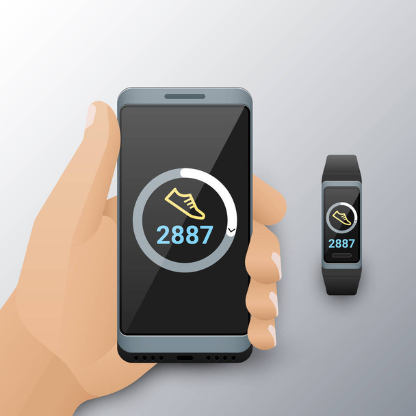 Smartphone in de hand en polsbandje fitness tracker met tellen stappen app. lopen stappenteller app op mobiele telefoon en fitness tracker scherm - Vector, afbeelding