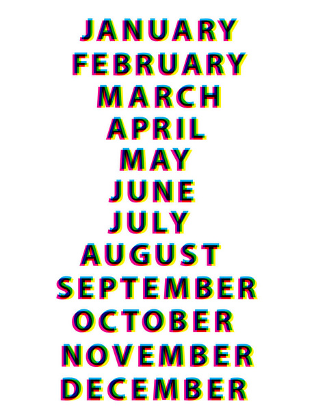  12 μηνών λέξεις για το ημερολογιακό διάνυσμα απομονωμένη. Σχεδιασμός και εκτύπωση προτύπου τετραχρωμίας CMYK και στυλ RGB. - Διάνυσμα, εικόνα