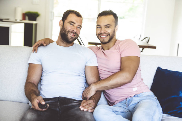 Portrait of a Cute Male gay Couple at Home - Fotoğraf, Görsel