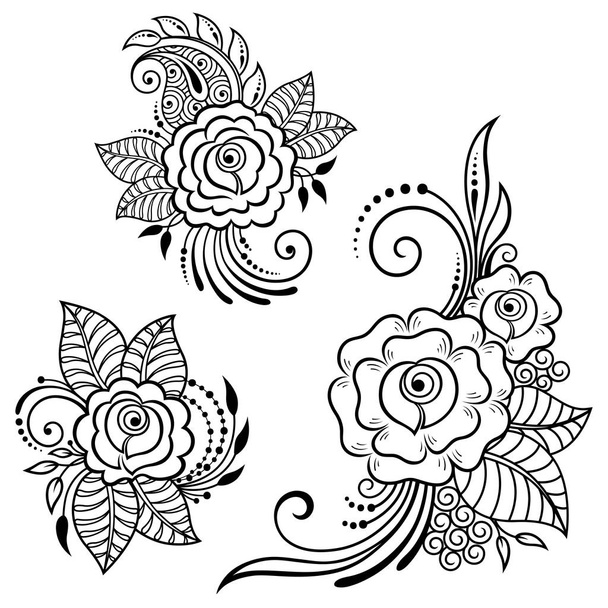Sada květinového vzoru Mehndi pro kreslení a tetování Henny. Dekorace v etnickém orientálním, indickém stylu. Doodle ornament. Obrysová ilustrace vektoru ruční kresby. - Vektor, obrázek