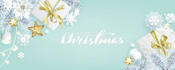 Christmas composition with white spruce branches and gift boxes on bleached coral background, color of 2020 - Vector, Image