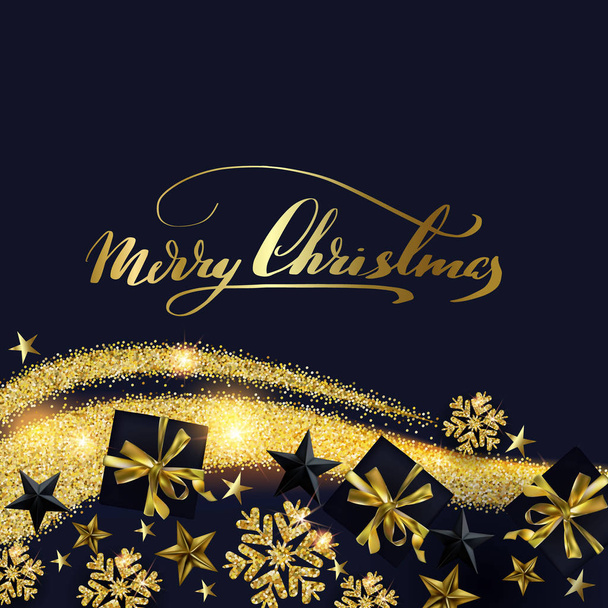 Joulun koostumus kultainen lumihiutaleet ja lahjapakkaukset mustalla taustalla
 - Vektori, kuva