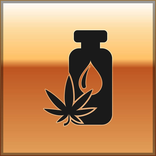 Black Medical marihuana o aceite de oliva de hoja de cannabis icono de gota aislado en el fondo de oro. Extracto de cannabis. Un símbolo de cáñamo. Ilustración vectorial - Vector, imagen