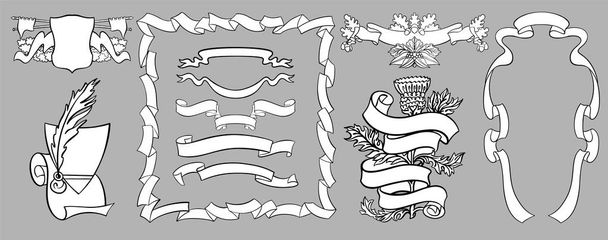 Set of 11 vintage style ribbon vignettes, dividers and frames, hand drawn vector line drawings of heraldry, shield, oak leaves, acorns, inkwell and thistle for custom design and print - Vector, Image