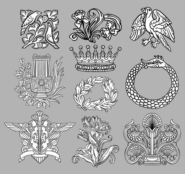 Set of 10 vintage style decor elements, hand drawn vector line birds, iris, lily, crown, heraldry, ouroboros, Laurel wreath, harp for custom design and print - Vector, Image