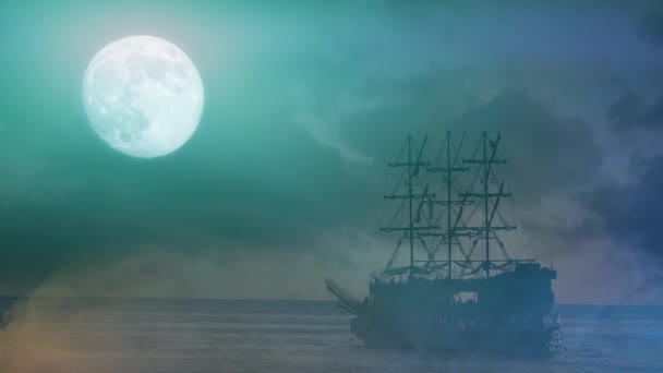 old pirate ship sailing, night at sea - Footage, Video