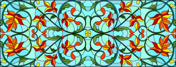 Illustratie in gebrandschilderd glas stijl met abstracte wervelingen en esdoorn bladeren op een hemelachtergrond, horizontale oriëntatie - Vector, afbeelding