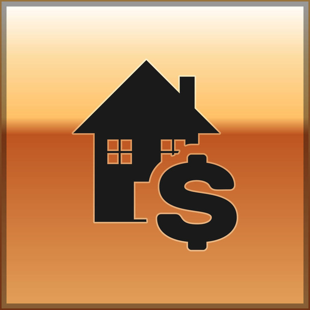 Το μαύρο σπίτι με το σύμβολο του δολαρίου απομονώνεται σε χρυσό φόντο. Σπίτι και λεφτά. Σχέδιο ακινήτων. Απεικόνιση διανυσματικών φορέων - Διάνυσμα, εικόνα