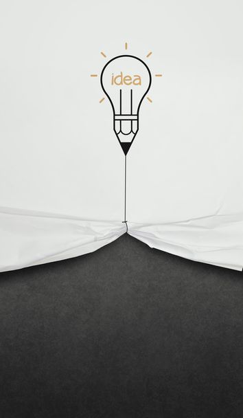 pencil lightbulb draw rope open wrinkled paper show blank black - Fotoğraf, Görsel
