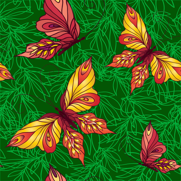 Seamless pattern with butterflies on a background of leaves - ベクター画像