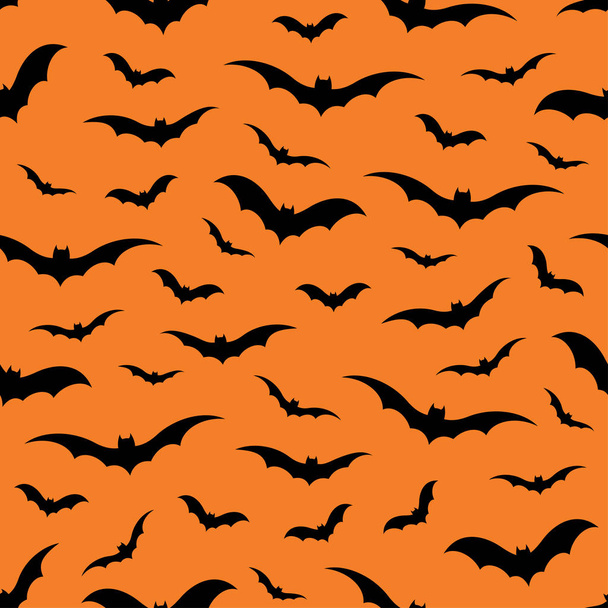 Бесшовный рисунок с летучими мышами на оранжевом фоне, векторная иллюстрация
 - Вектор,изображение