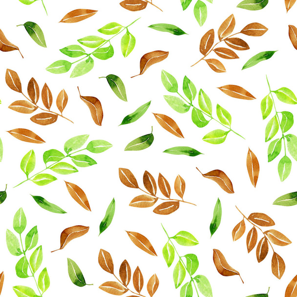 水彩緑と茶色の葉シームレスなパターン、白い背景に描かれた手 - 写真・画像