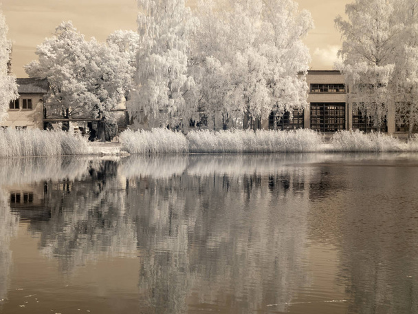 fotografia infravermelha com vista para a lagoa e árvores brancas, nuvens bonitas, belos reflexos na água, foto tirada com uma câmera infravermelha especialmente projetada
 - Foto, Imagem