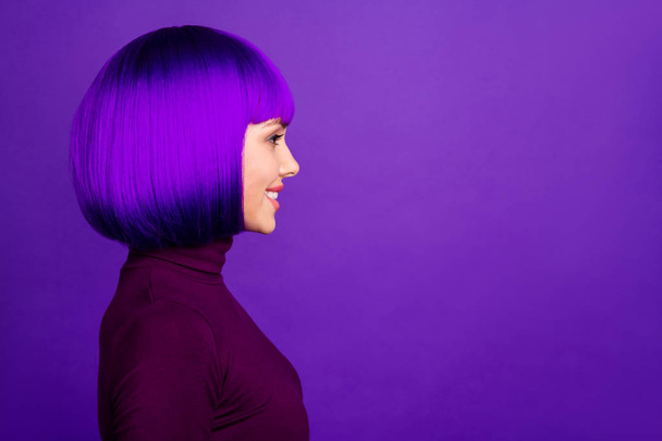 Profile photo of stylish lady looking empty space wear turtleneck isolated purple background - Φωτογραφία, εικόνα