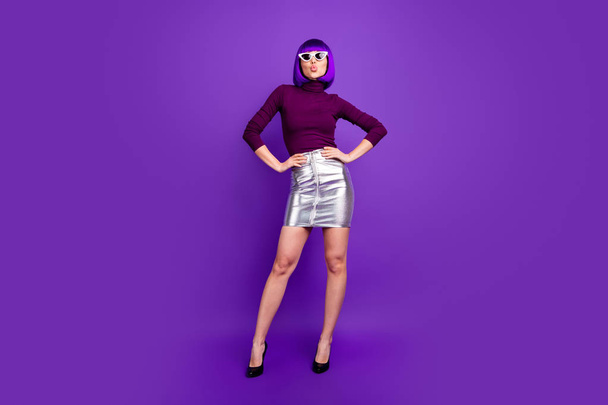 Full length photo of coquettish lady send air kiss wear sun specs trendy outfit isolated purple background - Фото, зображення