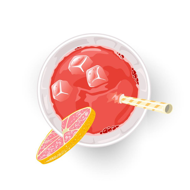 Bebida roja de zumo de pomelo recién exprimido y otros ingredientes en vidrio con cubitos de hielo, paja
. - Vector, Imagen