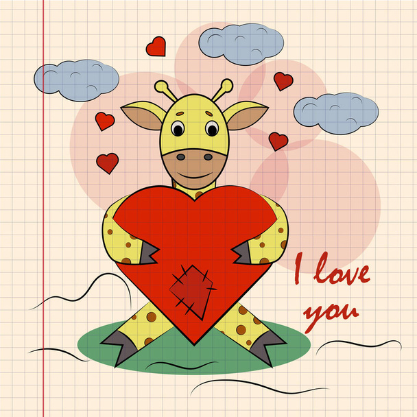 contour color childrens illustration little giraffe hugs heart w - Vektor, obrázek