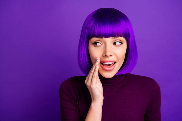 Close up photo of charming youth speaking mysteries wearing turtleneck isolated over purple violet background - Foto, Imagen