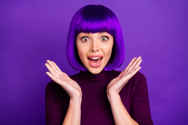 Close up photo of impressed youth yelling unbelievable wearing turtleneck isolated over purple violet background - Photo, image