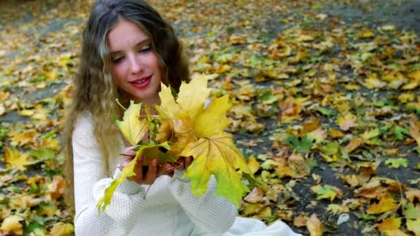 Otoño chica soplando en ramo de hojas de otoño
 - Metraje, vídeo