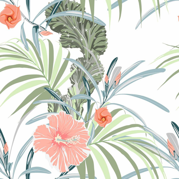 Doğa kusursuz desen. el çizilmiş tropikal yaz arka plan: monstera ve palmiye ağacı yaprakları, plumeria ve kırmızı ebegümeci çiçekleri. Beyaz arka plan. - Vektör, Görsel