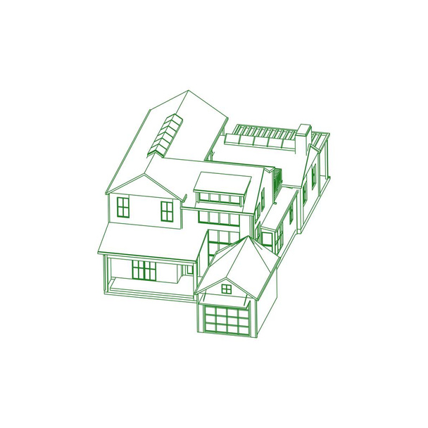 住宅建築コンセプトスケッチ3Dイラスト。近代的な建築の外観。アーキテクチャの抽象. - ベクター画像
