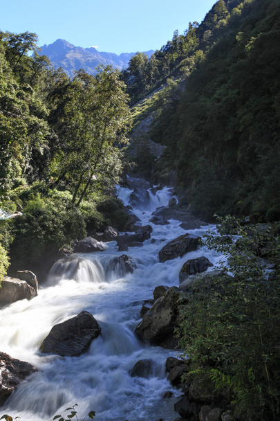 Швидкоплинна гірська річка бореться зі скелями
 - Фото, зображення