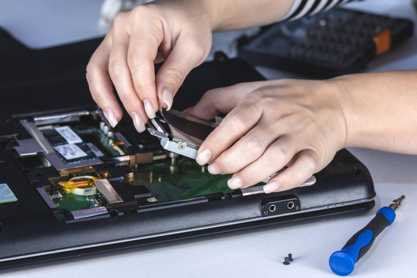 Woman engineer fix a computer, change the hard drive - 写真・画像