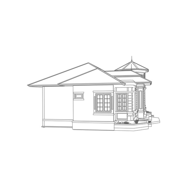 Ház épület építészet koncepció vázlat 3D illusztráció. modern építészet külső. Terv vagy drótváz stílus - Vektor, kép
