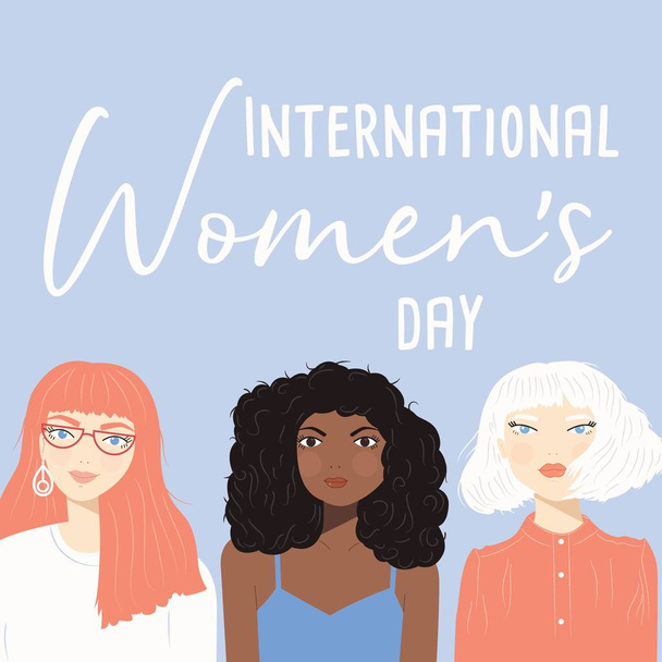 Знак Международного женского дня с портретами трех разных женщин на синем фоне, плоская векторная иллюстрация
 - Вектор,изображение