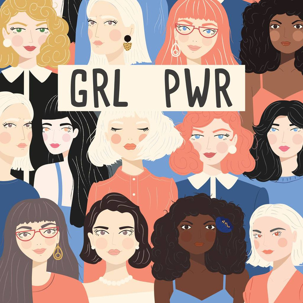 多様な女性の肖像画のグループ、平等の概念のために戦う、女の子のパワーメッセージ、フェミニズム、フラットベクトルイラスト - ベクター画像
