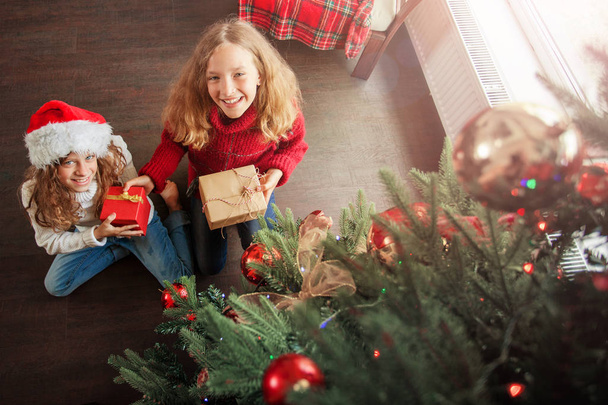 Children with gift under christmas tree - Foto, imagen