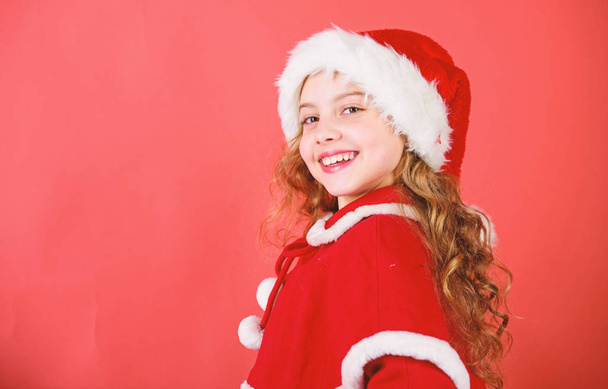 Christmas tradition holiday. Top christmas celebration ideas. Winter holidays concept. Child red santa costume ready to celebrate. Merry christmas and happy new year. Enjoy christmas holidays - Фото, изображение