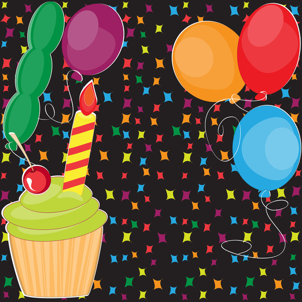 Ευχετήρια κάρτα με χαριτωμένο τούρτα και μπαλόνια - Διάνυσμα, εικόνα
