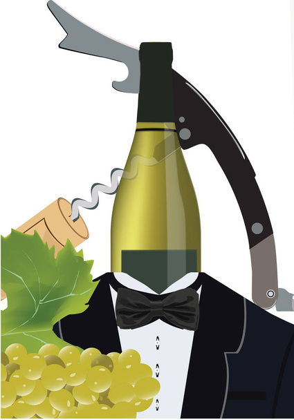 figura mordomo com vidro e garrafa de vinho
 - Vetor, Imagem