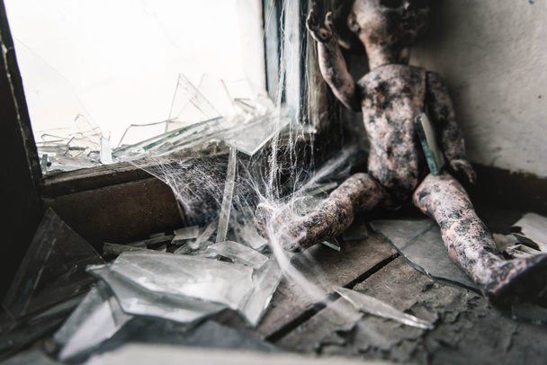 selective focus of cobweb near scary and burnt baby doll, post apocalyptic concept - Photo, Image