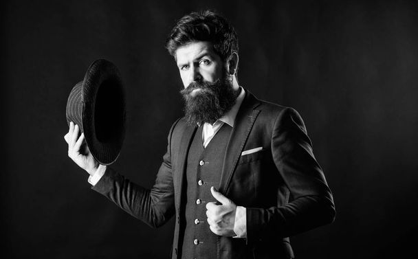 Secret shy. Male formal fashion. Detective in hat. Mature hipster with beard. brutal caucasian hipster with moustache. Bearded man gentleman. Businessman in suit. Royalty in his blood - 写真・画像