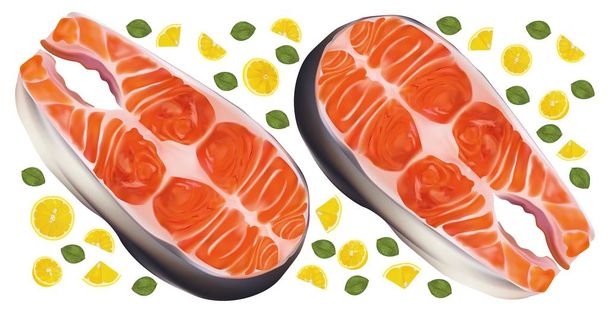 Salmon fish raw steaks with lemon. Red fish, delicacy. Fillet, steak of fresh salmon. Seafood for your menu. 3D vector illustration isolated on white background. - Vector, Image