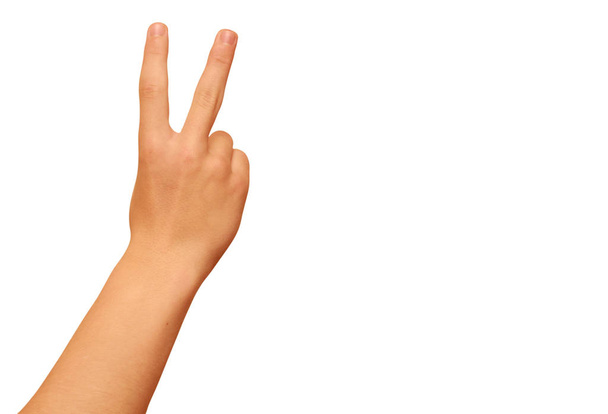 young man hand victory sign gesture isolated on white background. - Foto, Bild